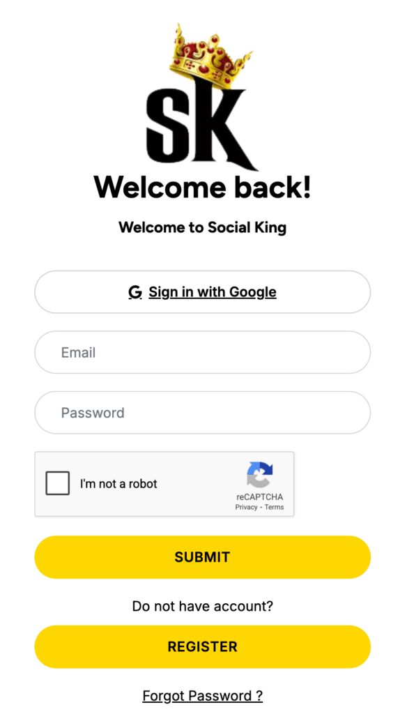 Login screen for Social King platform