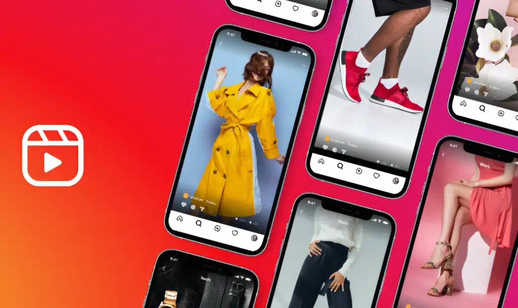Smartphones displaying Instagram Reels with fashion and lifestyle content on a vibrant red-orange background featuring the Reels icon.