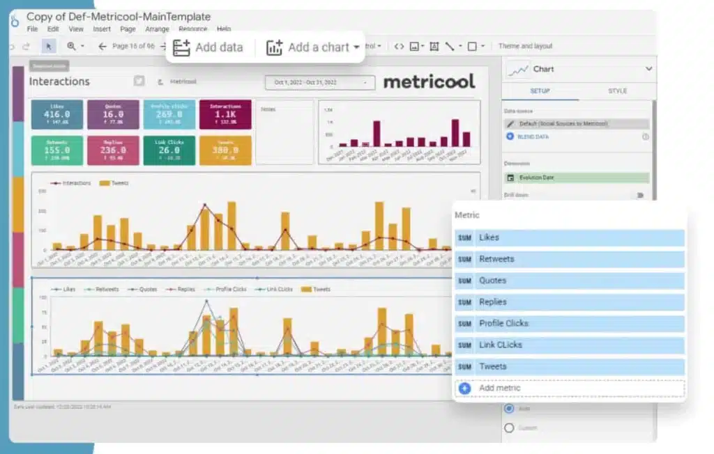 Screenshot of Metricool dashboard showing Instagram interaction metrics and charts for data analysis.