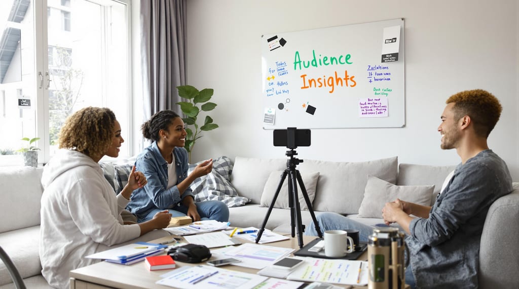Creators collaborate on audience research and content ideas in cozy room